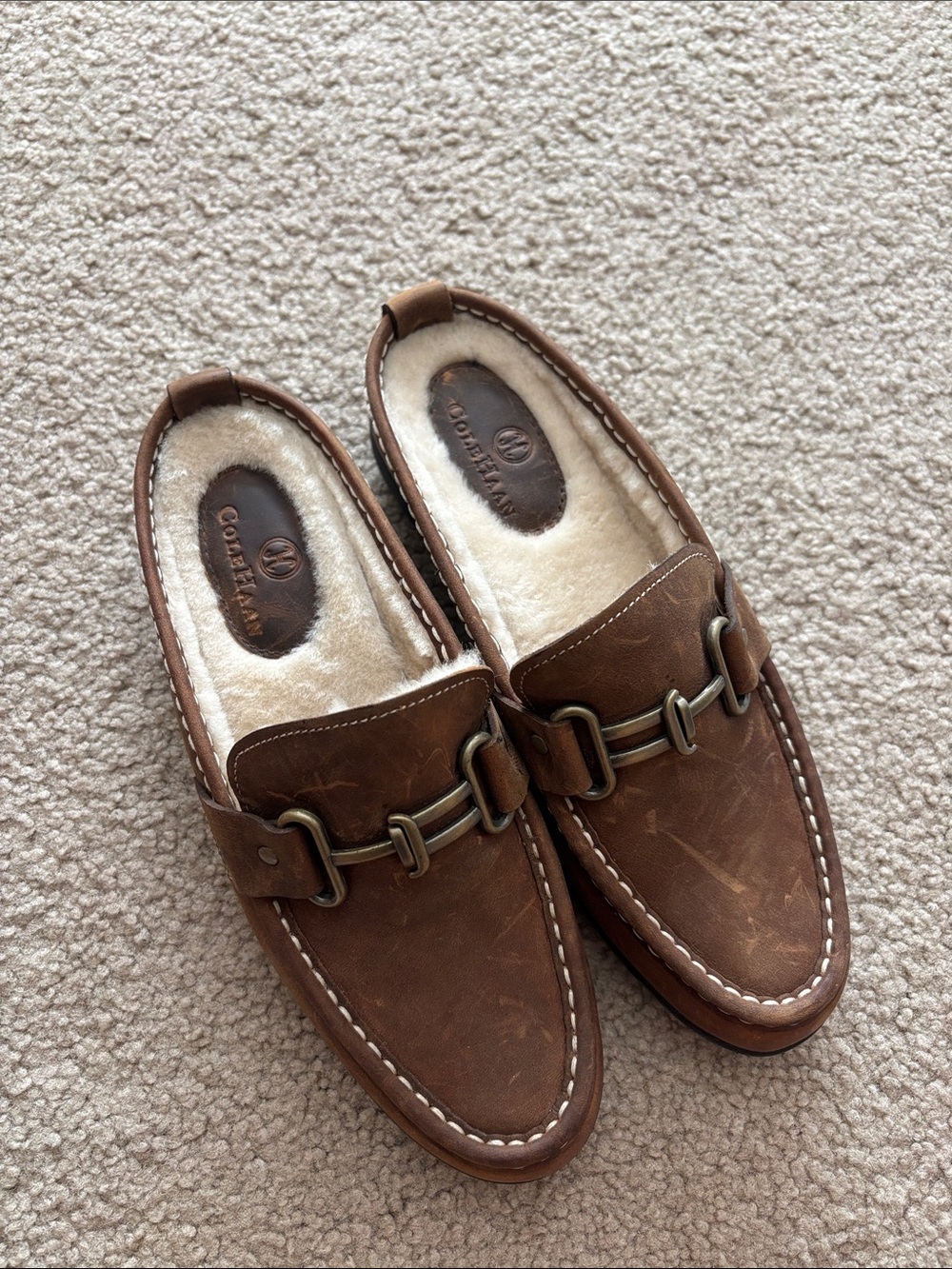Cole Haan Brown Leather Slip-On Loafers with Shearling Lining size 6